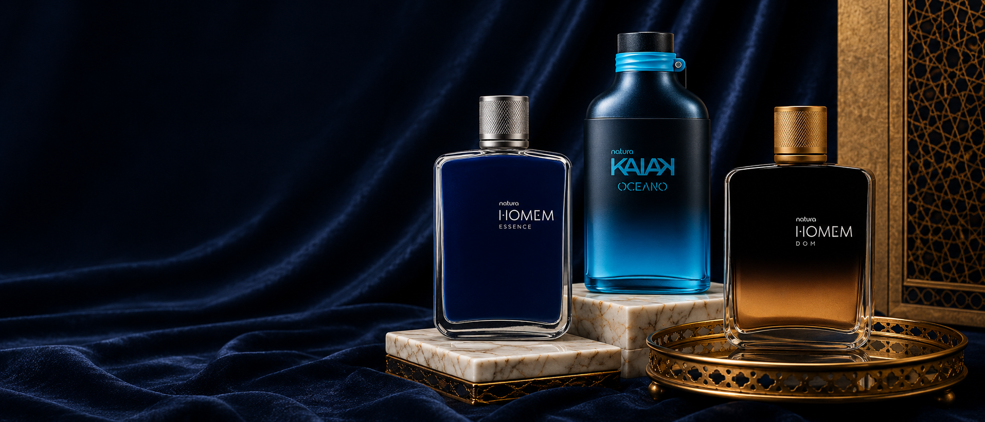 Seleção de perfumes Natura em composição azul e dourada