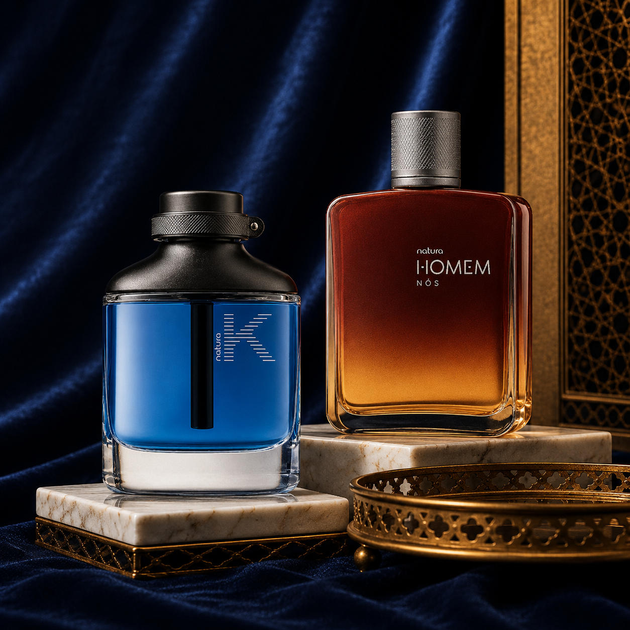 Composição de perfumes Natura em cenário azul e dourado