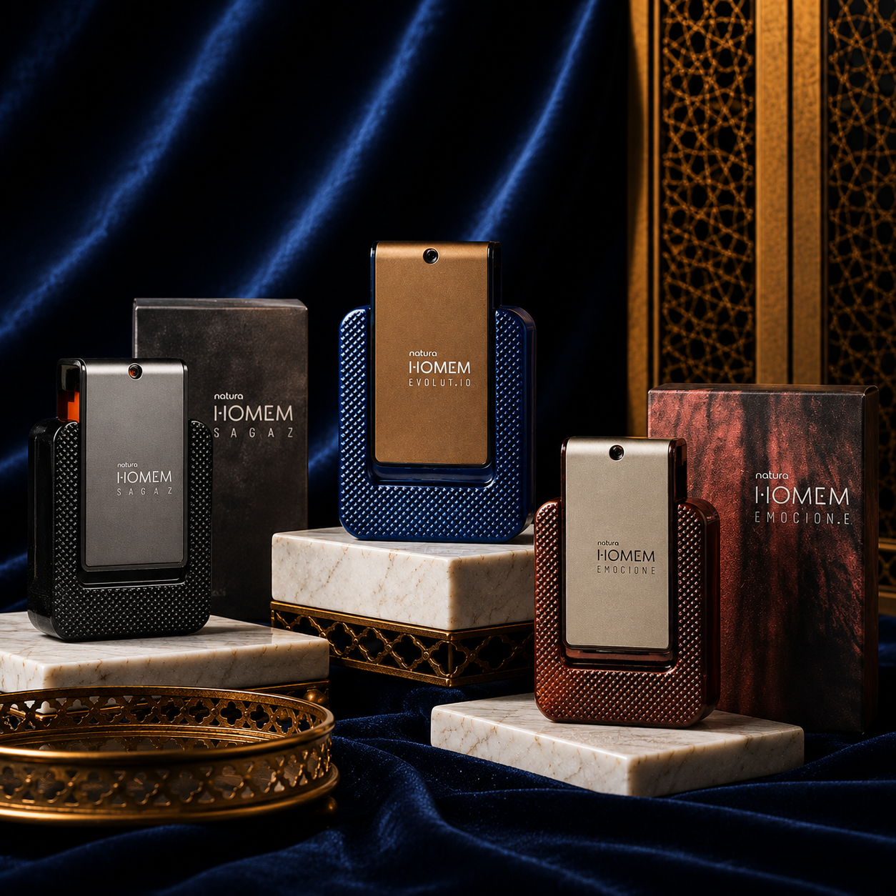 Composição de perfumes Natura Homem em cenário azul e dourado